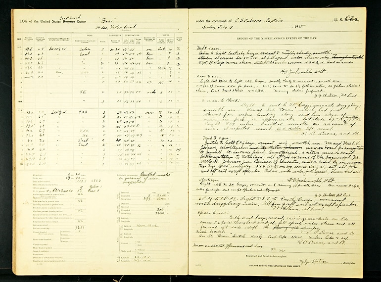 The yellowed pages of the ship's logbook are filled with handwritten text 