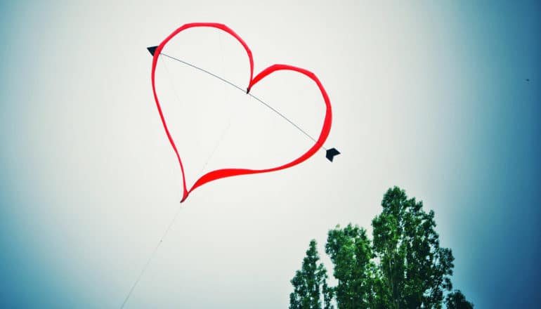 heart-and-arrow kite flies over tree in eerie blue sky