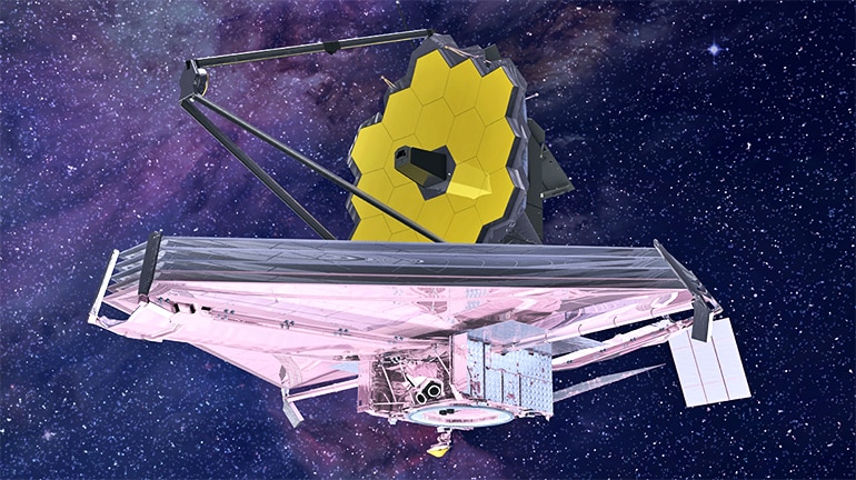 A honeycomb-looking made of hexagonal panels sits on top of a triangular platform as the satellite floats in space