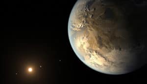 small yellow star at lower left and large Earth-like planet at right