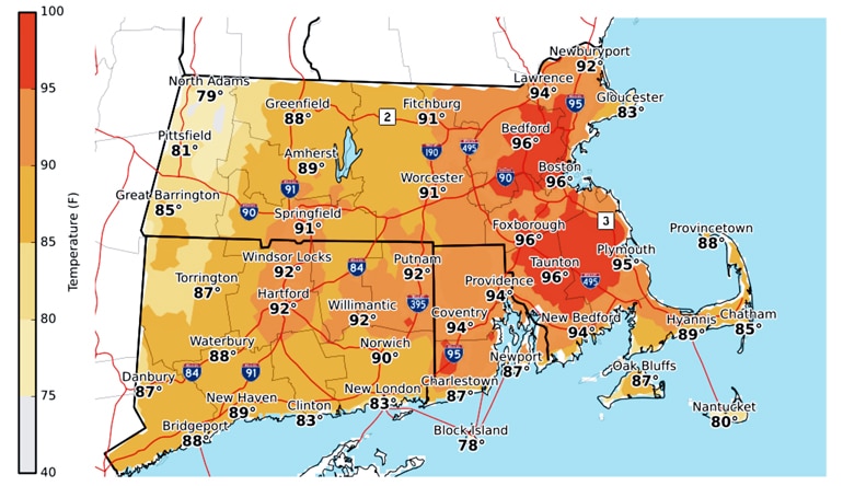 The image shows forecasted temperatures for July 31st in New England.