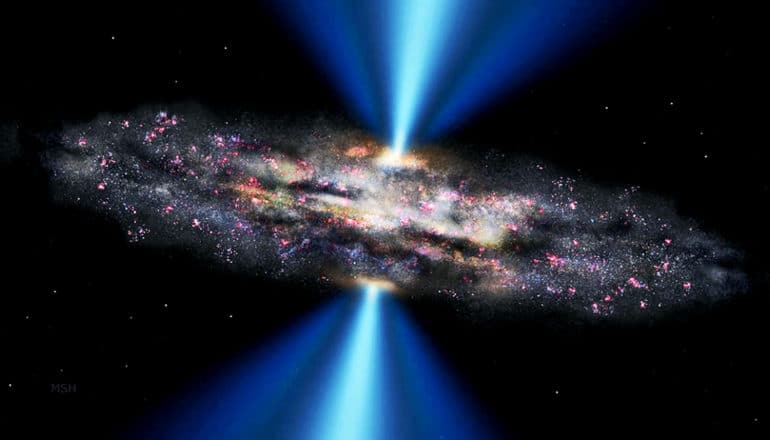 A cloudy disk filled with stars surrounds a bright center emitting beams of blue light out into space