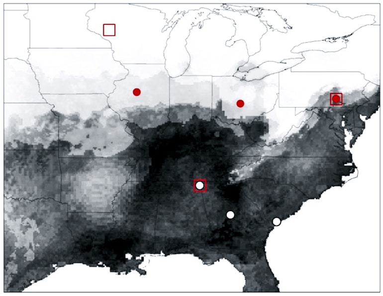 A map of the United States shows that the Asian tiger mosquitoes range during the study was mostly concentrated in the southeastern US, with some range-edge locations further north in Illinois, Ohio, and Pennsylvania.