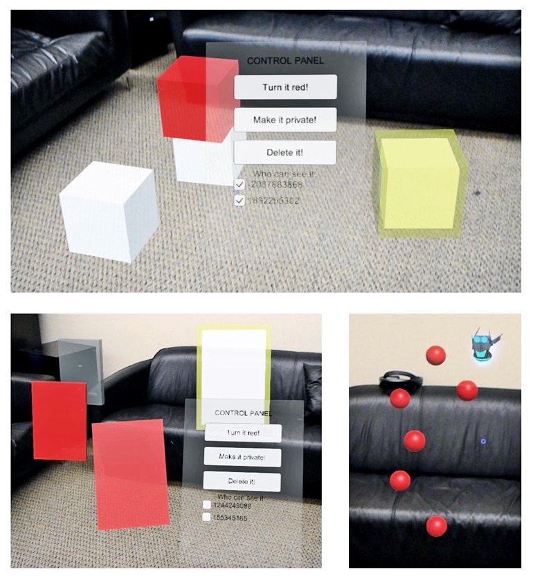 In the first image, a set of AR boxes sit on a carpet in front of a couch, with a pop-up box asking the users if they want to turn the box red, make it private, or delete it. In the second, the same pop-up asks users about colorful AR panels (one of which is gray to indicate it is private). In the third image, red balls float above a black leather couch.