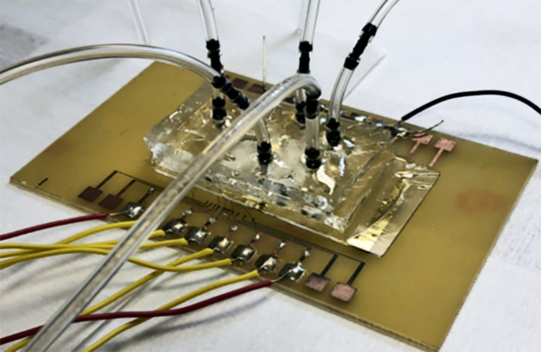 The image shows the biosensor with wires and tubes coming out of it.