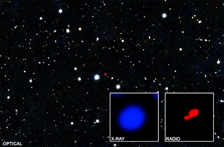 The image shows a field of stars that contain the quasar PSO167-13 and two insets. The left inset contains X-rays researchers detected with Chandra from this region, with PSO167-13 in the middle. The right inset shows the same field of view as seen by the Atacama Large Millimeter Array (ALMA) of radio dishes in Chile. The bright source is the quasar, and a faint, nearby companion galaxy appears in the lower left.