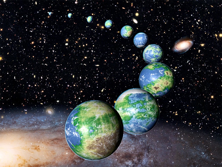 A row of earth-like planets stretch back into space