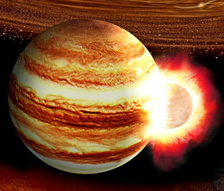 The image shows an illustration of a massive collision between Jupiter and a protoplanet.