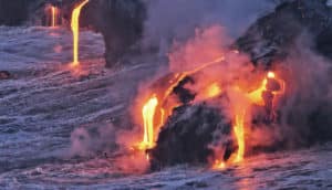 lava flows into water (volcanic hot spots concept)