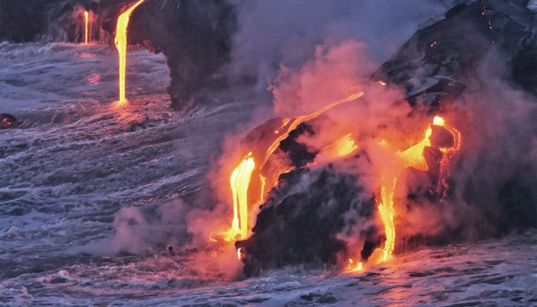 lava flows into water (volcanic hot spots concept)