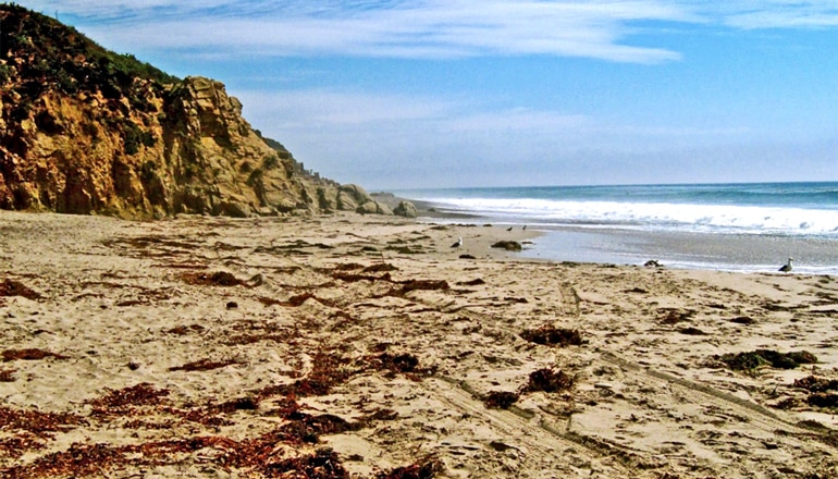 The image shows the beach at Leo Carillo State Park, which acts as a reference beach. (beaches concept)