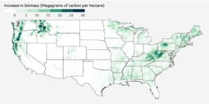 The map shows that the American northwest, areas near the Great Lakes, the northeast, and parts of the south will have the most increase in biomass by the year 2100