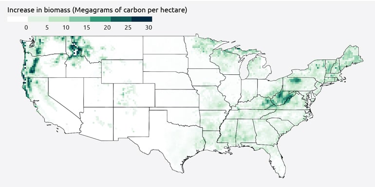 The map shows that the American northwest, areas near the Great Lakes, the northeast, and parts of the south will have the most increase in biomass by the year 2100