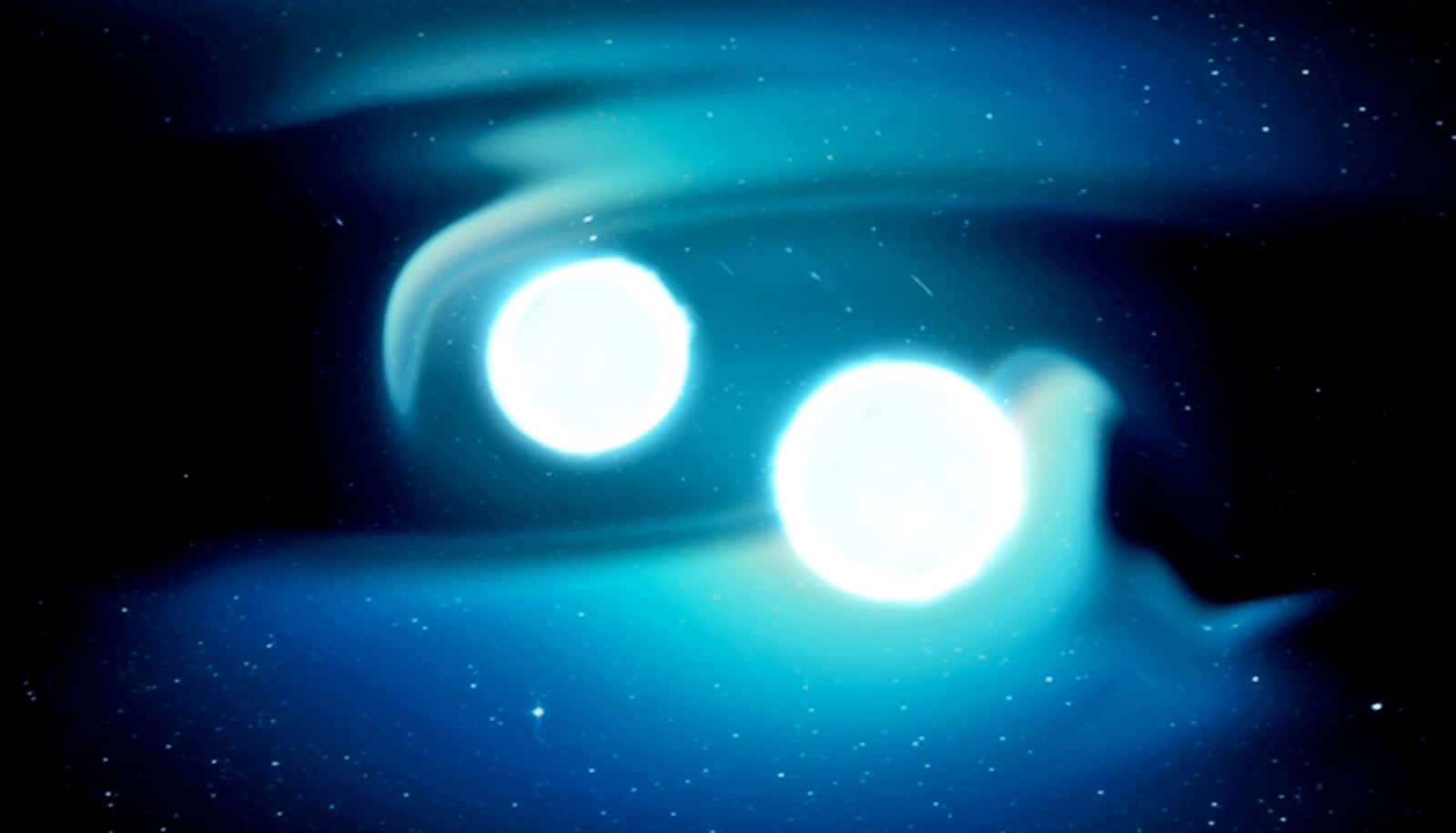 Two orbs of light orbit each other with swirls of blue around them