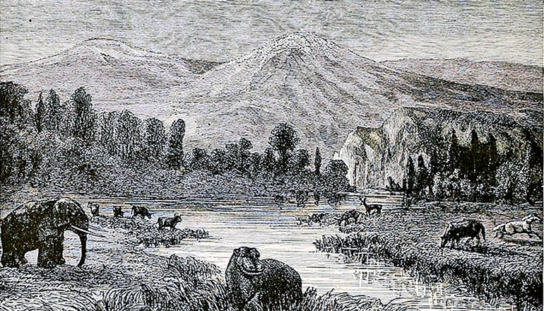 A wood engraving by Eduard Riou depicts a landscape view of the Pliocene, showing a mountain, river, and animals.