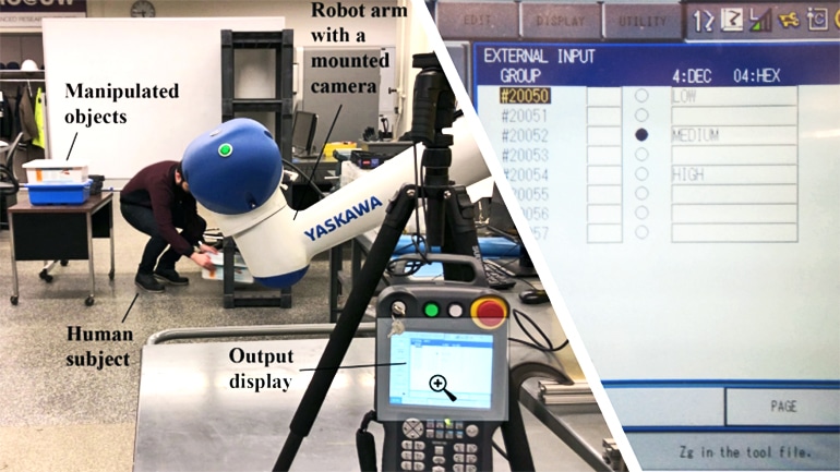 A human subject bends down to pick up boxes while a robot arm with a camera watches them and sends video to a display. On the right, a screenshot of software shows the score the algorithm gave the subject's movement.