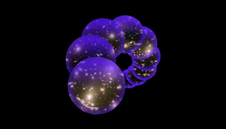 10 glowing purple orbs in a spiral on black