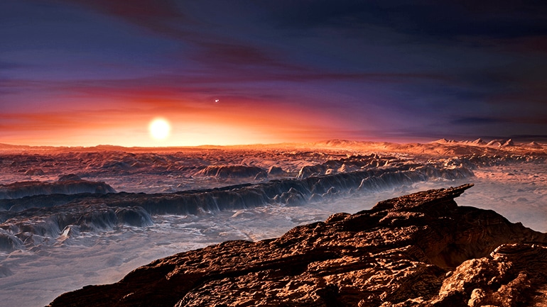 A sun sets over the rocky, foggy, desert-like horizon in the illustration