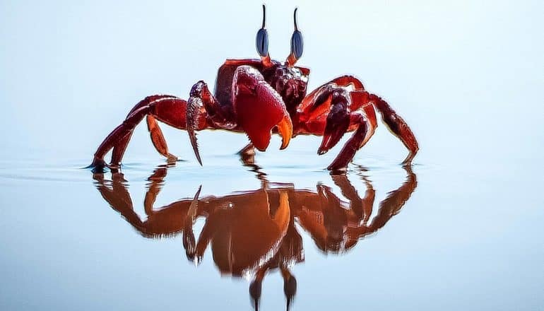 A red crab walks on shallow water, with its reflection mirrored under it