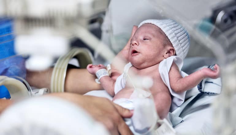 hands lift premature baby in hat out of incubator