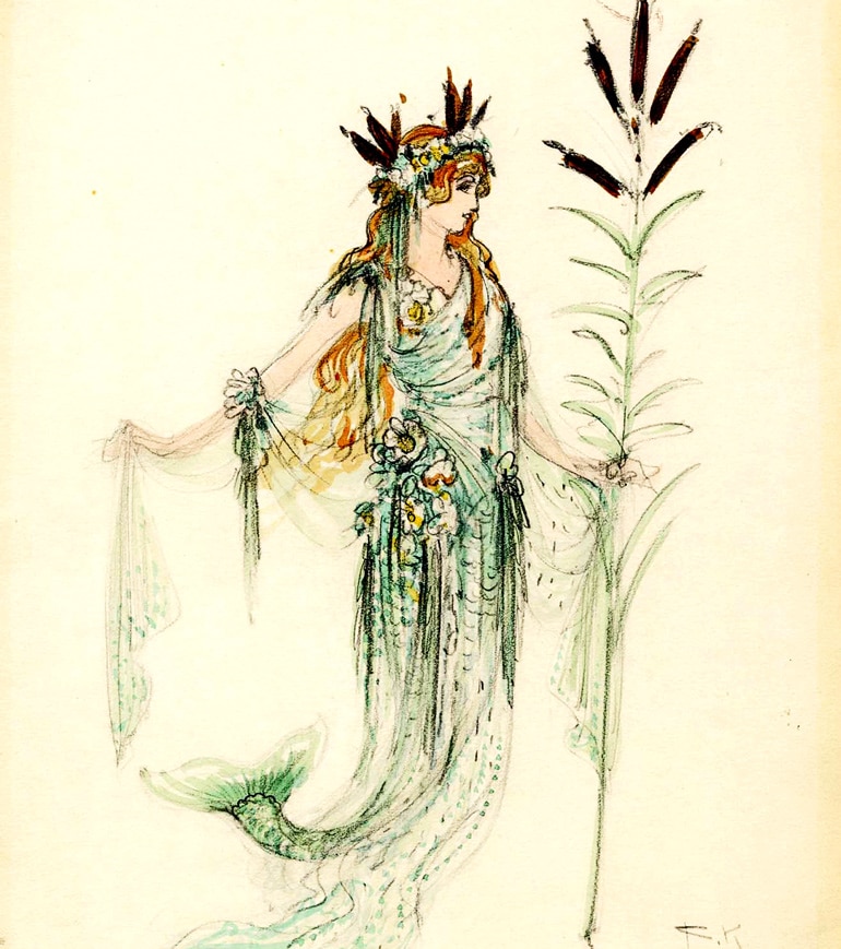 A drawing of a costume design for a mermaids from Wagners Das Rheingold showing her in flowing green (that looks like seaweed), bright red hair, and a long, leafy staff