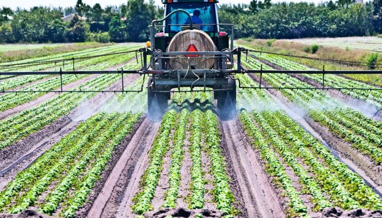 A tractor with a tank of pesticide sprays green rows in a field