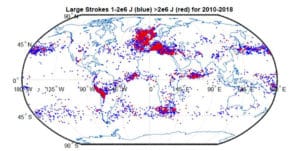 The map shows where superbolts hit most often, in the northeast Atlantic and the Mediterranean Sea, with smaller concentrations in the Andes, off the coast of Japan, and near South Africa.