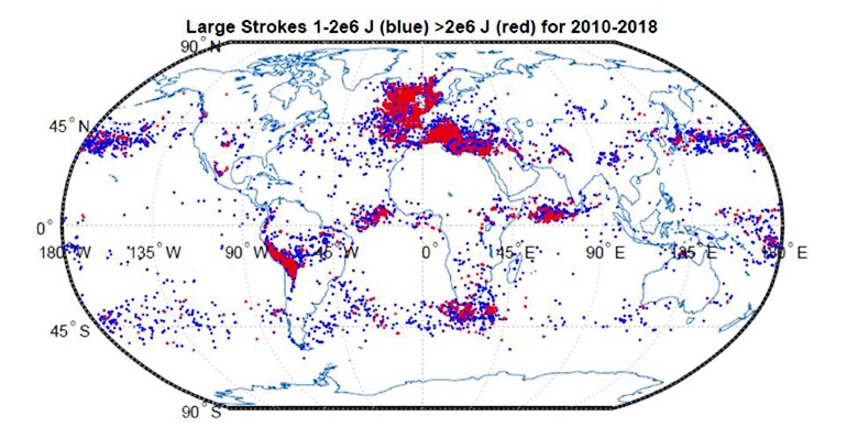 The map shows where superbolts hit most often, in the northeast Atlantic and the Mediterranean Sea, with smaller concentrations in the Andes, off the coast of Japan, and near South Africa. 