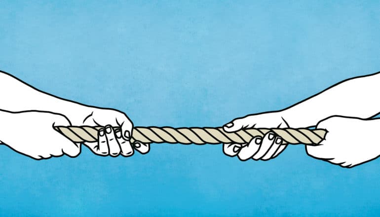 Illustration of hands on rope playing tug of war