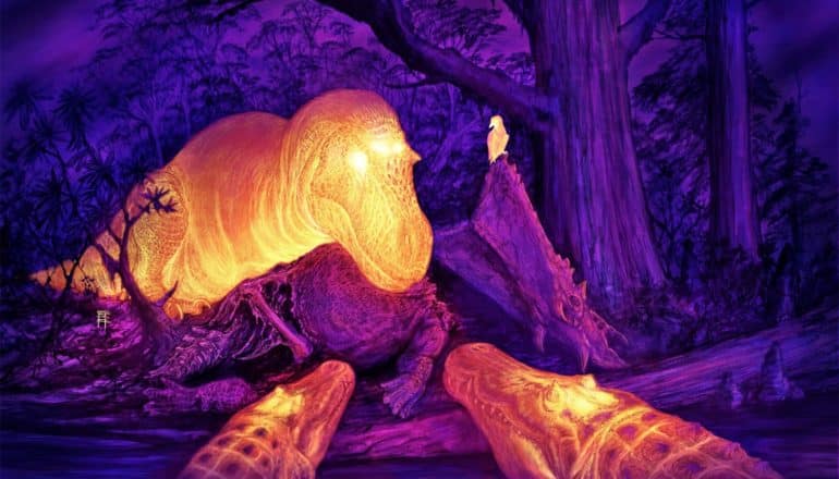 A tyrannosaurus rex faces down two alligators, with the thermal image showing heat coming from the T. rex and alligator heads