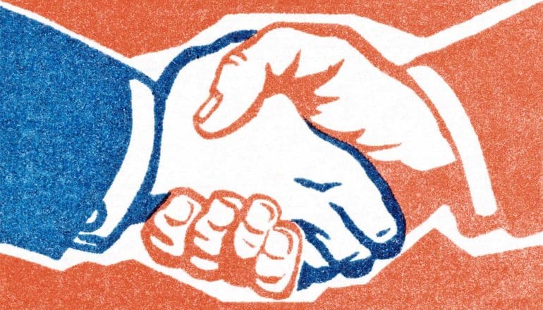 An illustration of shaking hands, one red and one blue, with a red-orange background