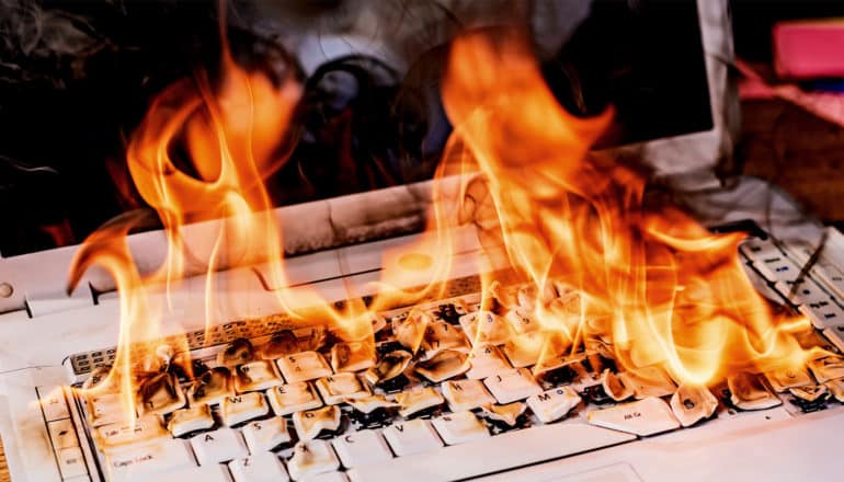 A laptop keyboard burns