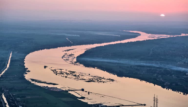 The Nile River glows at sunset