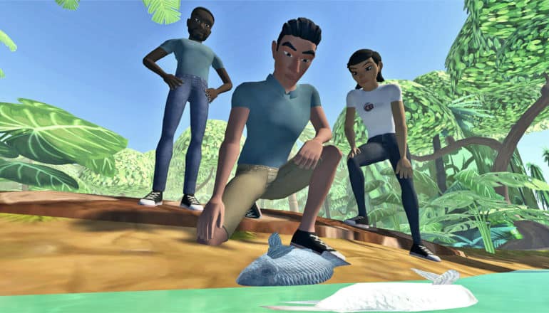 In game, three characters look at a fish on the ground, with one kneeling in the foreground and the other two standing behind him. There's a bright blue sky and trees in the background