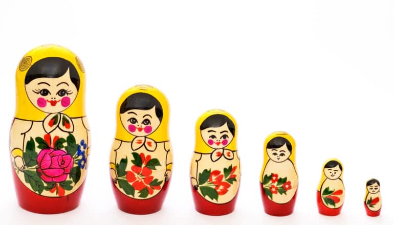 six matryoshka dolls from large to small