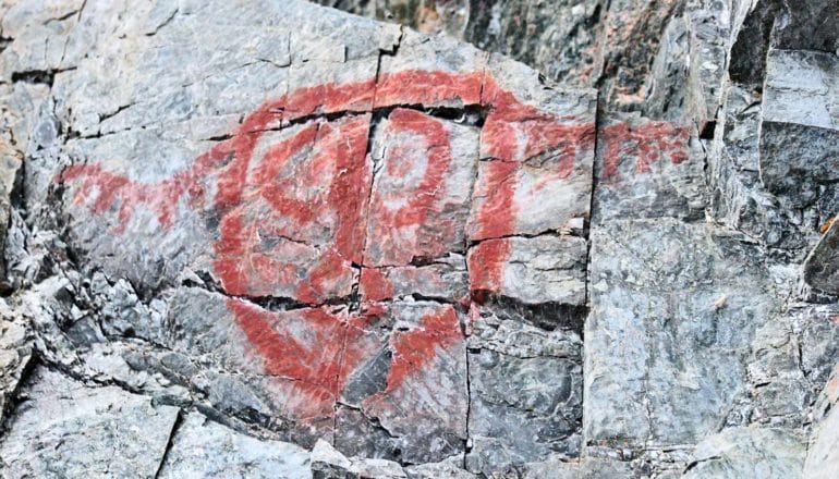 A red painting of what looks like an animal's face with antlers on a cave wall