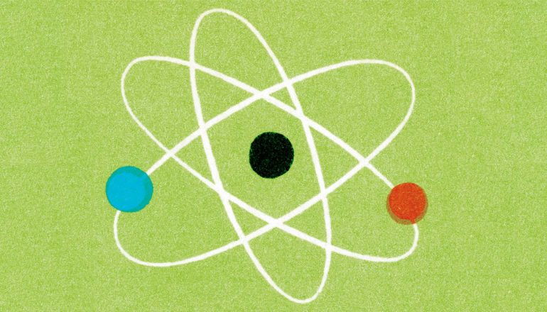 An illustrated model of an atom on a green background