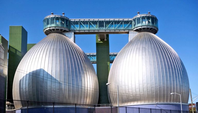 anaerobic digester: two giant metal tanks shaped like turnips