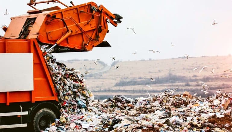 An orange garbage truck dumps trash into a landfill as seagulls circle overhead
