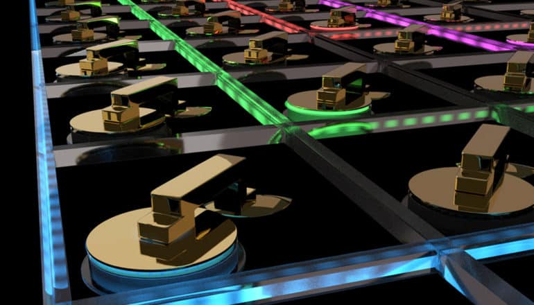 switches look like tiny record players in neon-lit grid