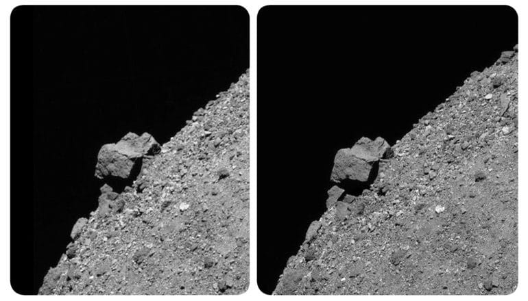 two images of boulder on rocky slope