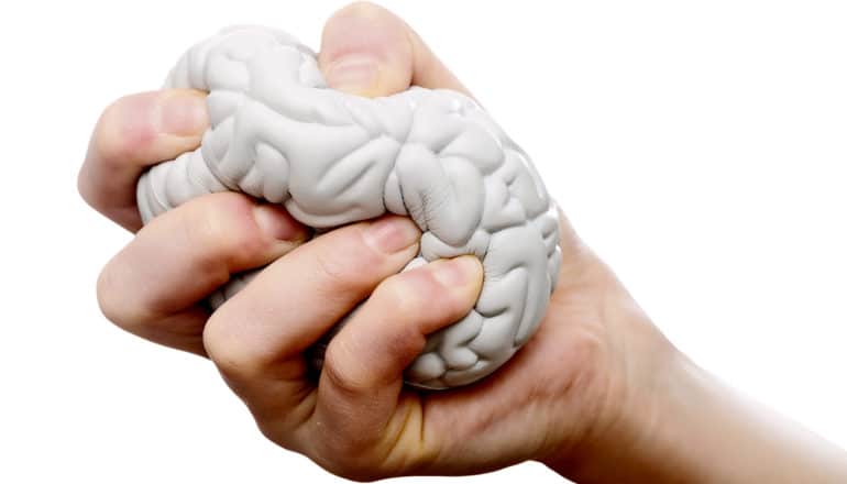A person squishes a stress ball shaped like a brain against a white background