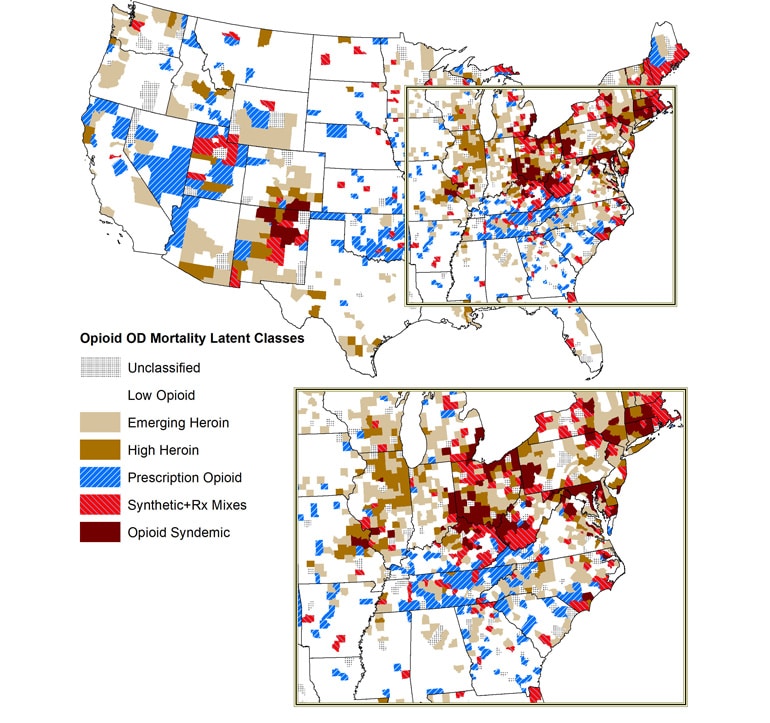 The map shows overdose deaths for different kinds of drug groups, including unclassified, low opioid, emerging heroin, high heroin, prescription opioid, synthetic prescription mixes, and opioid syndemic.