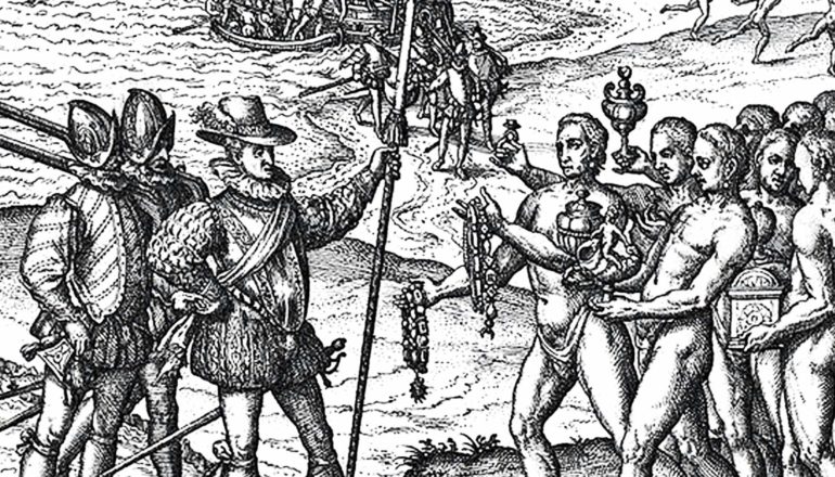 The engraving shows Columbus arriving in the Caribbean and meeting a group of Caribbean people who look to be offering him gifts