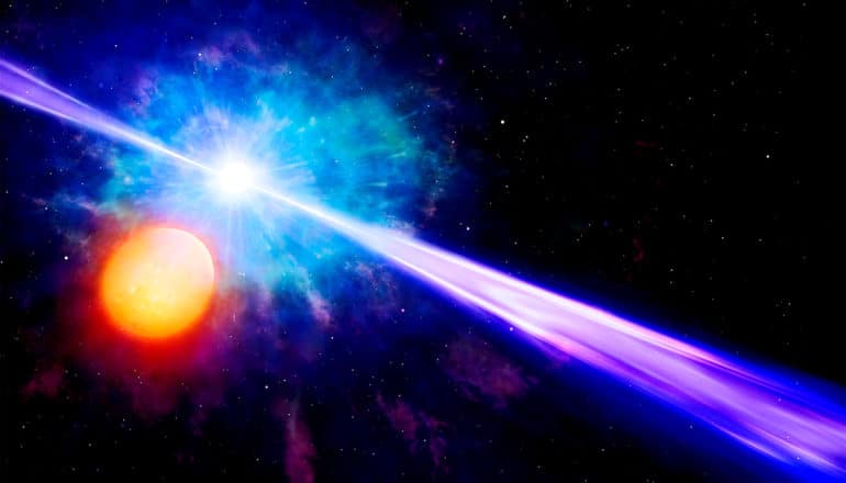A bright blue and purple explosion of light shoots two beams from its center as an orange star orbits closer to the camera
