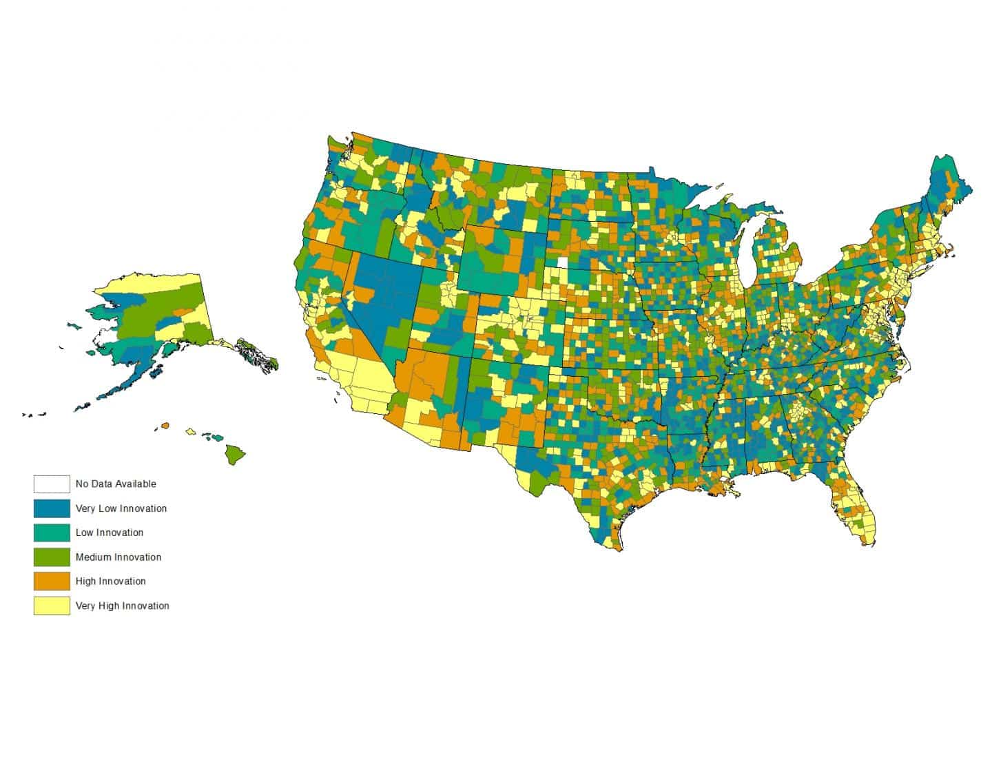 map of US shows mixed innovation levels across country at the county level