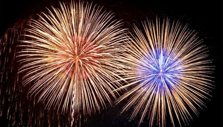 Two fireworks explode next to each other, one red at the center and the other blue, against a black night sky