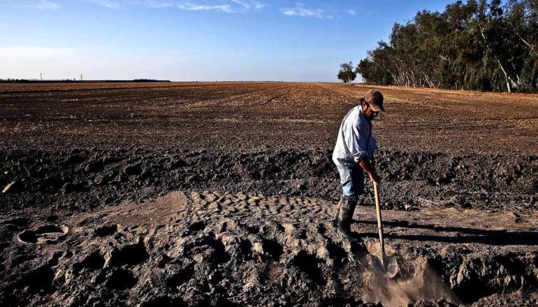 The worker shovels dirt in the foreground with a massive expanse of dirt behind him, with the blue sky above