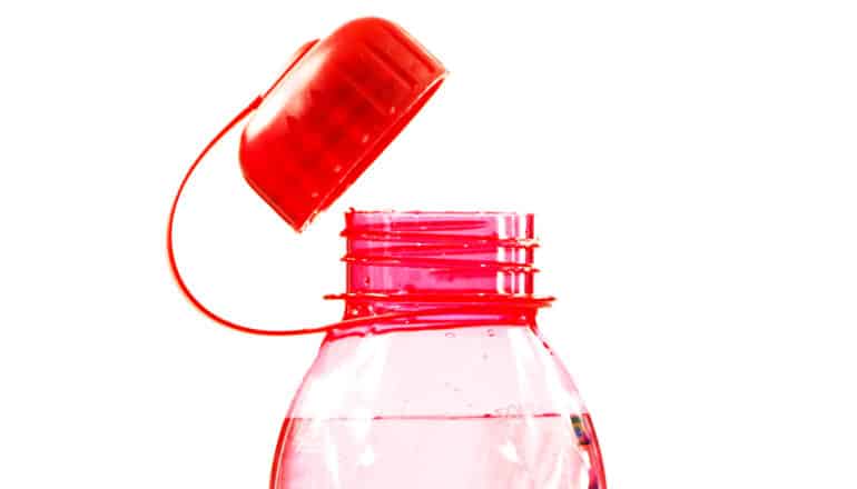 cap and mouth of red plastic reusable water bottle