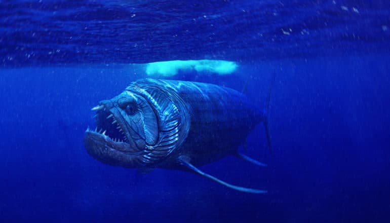 big, toothy fish under surface of blue water